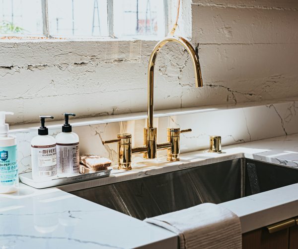 Home Kitchen Sink with new Gold Fixtures & marble countertops